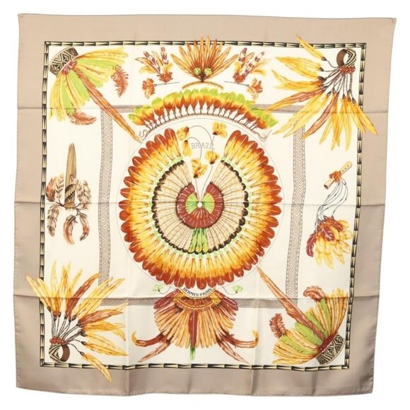 HERMES Carre 90 Scarf ""BRAZIL"" Silk Beige Auth am9005 - Picture 1 of 14